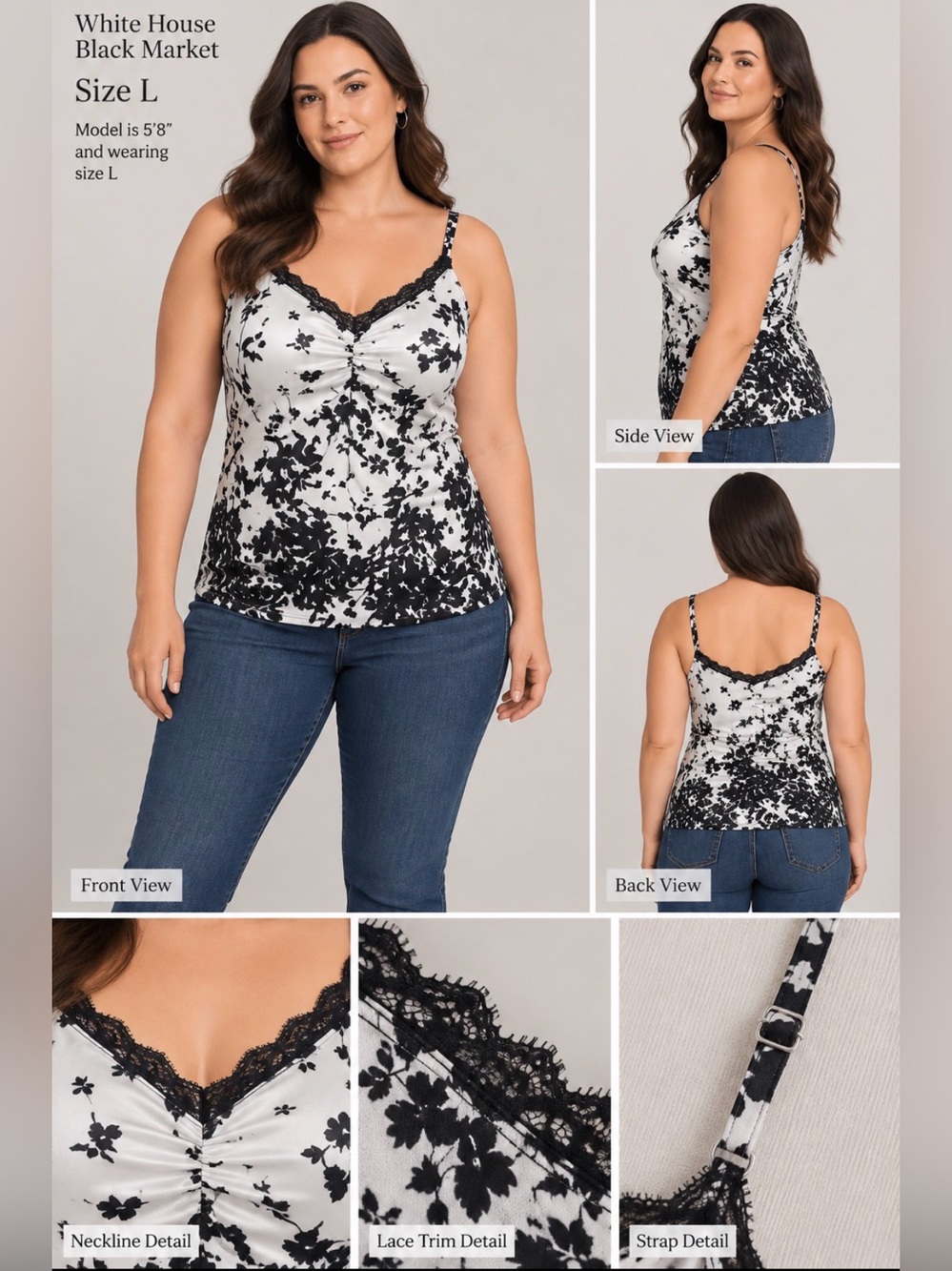 White House Black Market Black & White Floral Lace-Trim Cami
